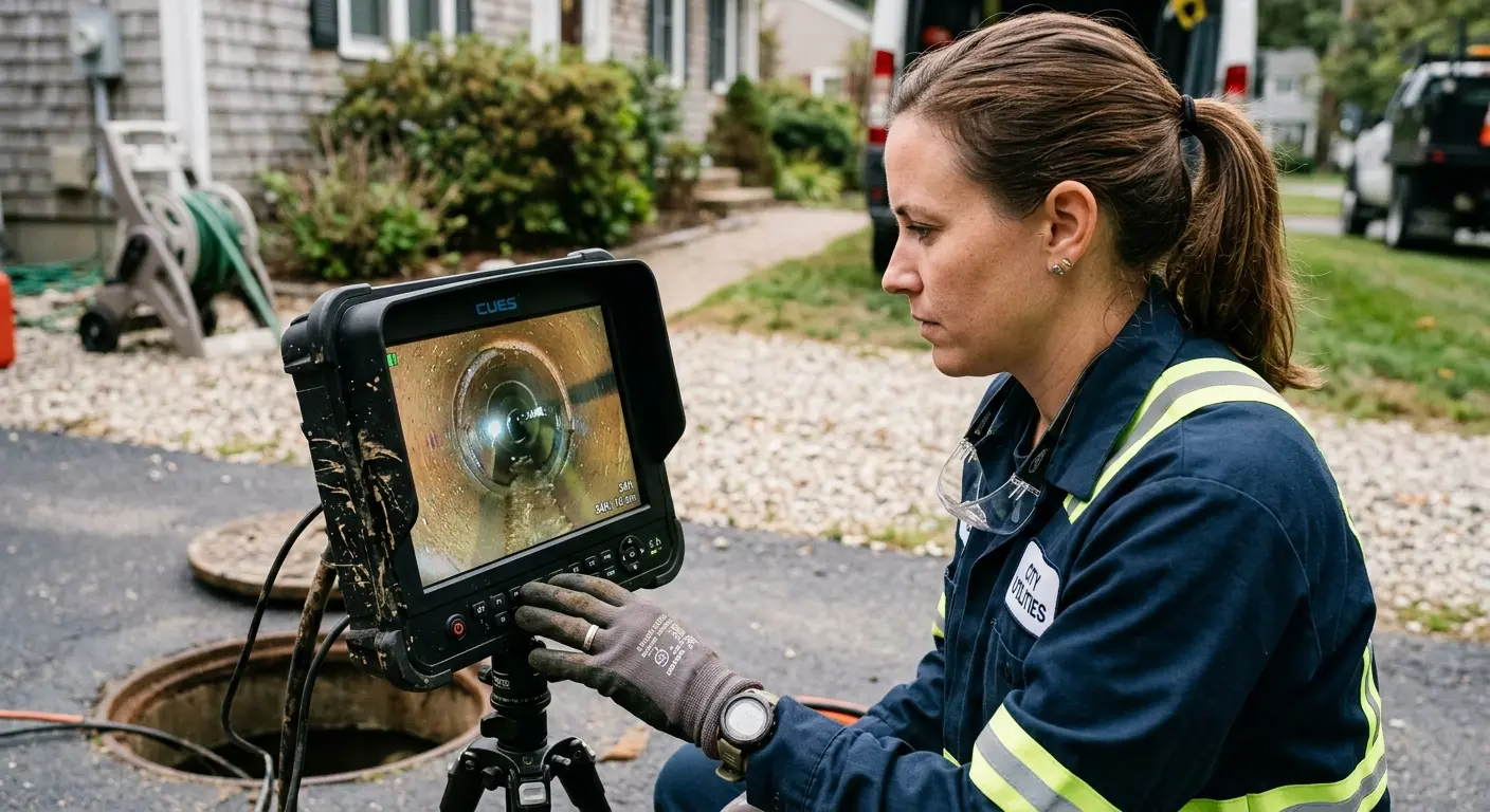 Technician reviewing sewer camera inspection footage in West Falls Church