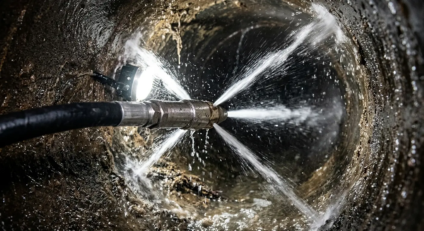 High-pressure hydro jetting nozzle cleaning sewer pipe for Emergency Drain Service in West Falls Church